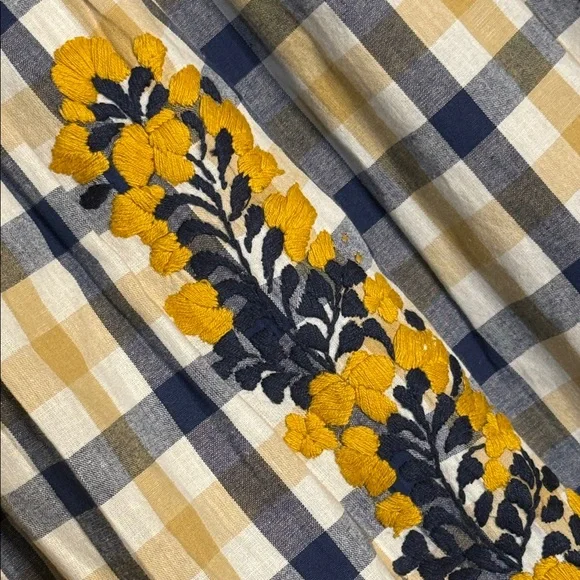 Mi Golondrina Yellow and Navy Embroidered Floral plaid dress - Picture 8 of 8